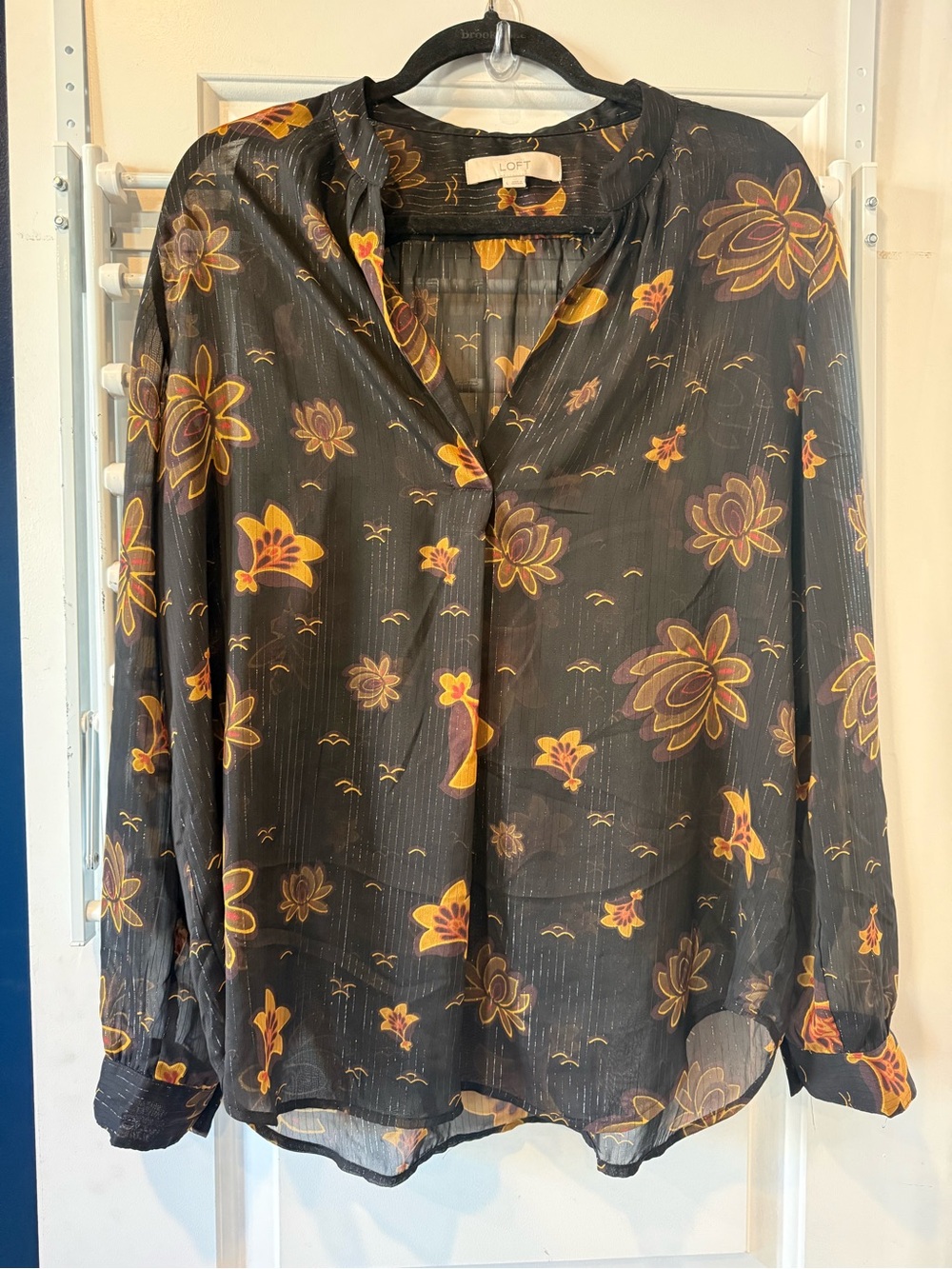 LOFT Black Floral Sheer Blouse with Yellow Accents